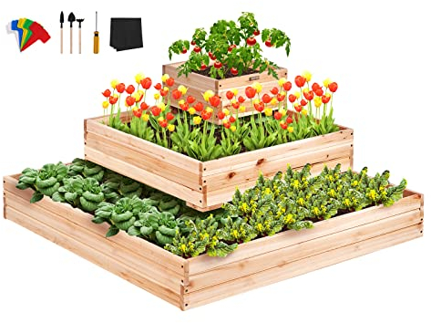 VEVOR Jardinière, Lit de Jardin Surélevé en Bois de Sapin 113x113x51 cm Bac de Plantation pour Cultiver des Fleurs, Végétaux, Herbes, Plantes Grasses dans Jardin, Terrasse, Patio, Balcon, Couleur Bois
