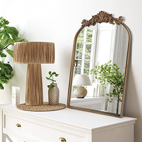 HQiJun Specchio da parete per finestra, decorativo, tradizionale, vintage, ornato, barocco, antico casale ad arco per soggiorno, camera da letto, ingresso, bagno, vanità (48 x 68 x 3,2 cm, oro)