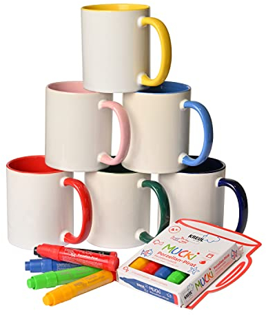 KARLAkreativ Tazas para manualidades para pintar y diseñar, también aptas para sublimación, incluye lápices de pintura de porcelana originales KREUL (juego de 6 tazas + bolígrafos)