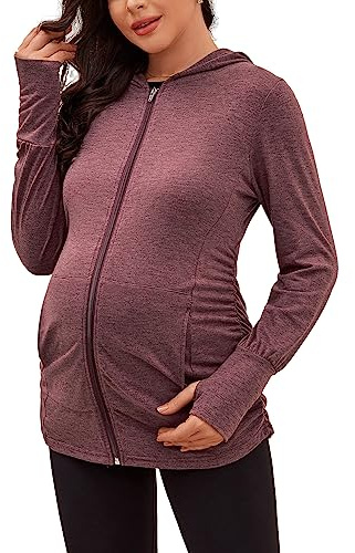 DEBELLY Pregnancy Zip Up Hoodie with Pockets for Postpartum Wear Burgundy