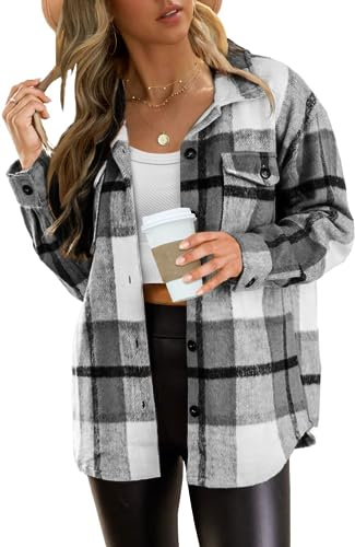 Zeagoo Karierte Jacke für Damen Flanell Gesteppte Shacket-Mäntel Bluse übergroße Button Down Hemdjacke mit Knöpfen Schwarz XXL