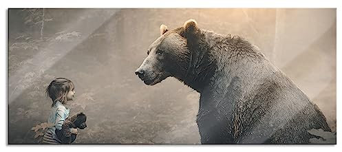 Tableau panoramique sur verre - Décoration murale en verre véritable - Fille avec ours en peluche dans la forêt - 120 x 50 cm - Avec suspension et entretoises