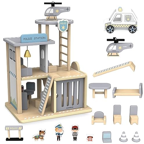 mamabrum Poste de Police en Bois - Set avec Voiture, Hélicoptère, Chien Policier, Figurines et Accessoires - Jouet Éducatif pour Enfants 3+ Ans (10 PièCes)