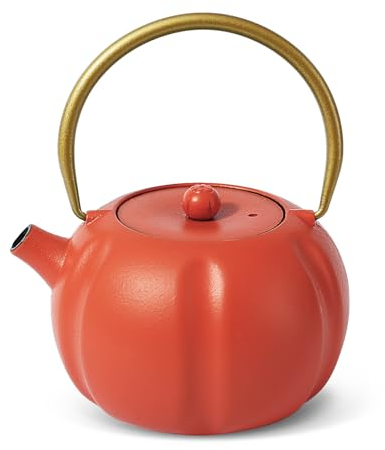VICSKY Small Pumpkin Cast Iron Teapot (Orange), Small Cast Iron Tea Kettle Stovetop Safe, Japanese Teapot with Infusers for Loose Tea, Late Fall Halloween Tea pot (27oz/800ml)