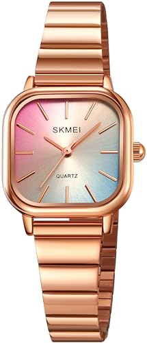 findtime Damenuhr Analog Quarz Eckig Elegant Armbanduhr Damen mit Edelstahlarmband Klein Silber Gold Uhren Damen Buntes Zifferblatt Schmuck Fraurn Uhr Armreif Rosegold