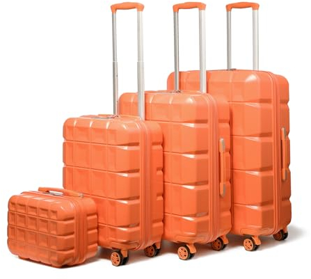 KONO Kofferset 4 Teilig Gepäck-Sets Hartschalenkoffer Reisekoffer Set Zwillingsrollen ABS Koffer Trolleys mit TSA Schloss 4 Rollen Kofferset mit Beautycase-M-L-XL-Set (4tlg. Kofferset, Orange)