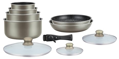 Herzberg Batterie de cuisine - lot de casserole induction - set casserole et poele tous feux - set de cuisine en revêtement pierre avec manche amovible 10 pieces HG-5000 Carbon