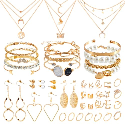 QBilooty 43 Stück Gold Schmuckset für Mädchen und Damen, mit 3 Halsketten, 12 Armbändern, 10 Ringen, 6 Paar Ohrringen, 12 Ear Cuff Ohrklemme Ohrringe, Ideal für Valentinstag, Geburtstag und Muttertag
