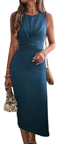 Jiraewh Damen ärmelloses Sommerkleid Bodycon Enges Bleistiftkleid Figurbetontes Elegantes Hochzeitsgast Midi Tank Kleider Mit Gürtel (L,Marineblau)