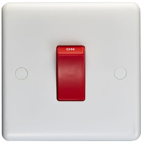 1 Gang Single 45A DP Cooker Switch - WHITE PLASTIC RED Rocker Oven Appliance - Decorative Double Pole Appliance Wall Plate