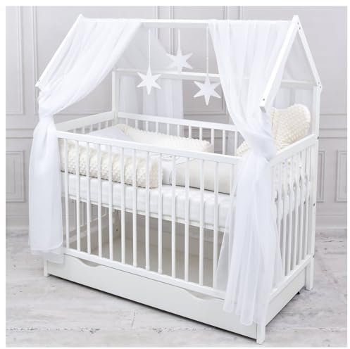 Baby Delux Babybett Komplett Set Hausbett 60x120 cm weiß Schublade Rausfallschutz Kinderbett Matratze Bettwäsche Deko Set (Shiny Teddy)