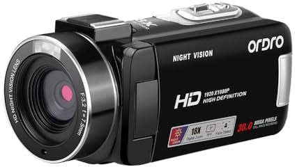 ORDRO B320 1080P Camcorder with 16GB Card, 18X Digital Zoom, Night Vision, 270° Rotatable Screen, Full HD 1080P 30MP Camera, 2 Batteries Black