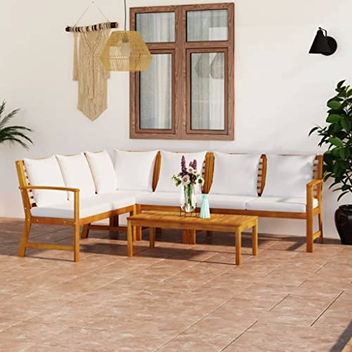 Cozynest Akazienholz Massiv Gartenmöbel 5-TLG. mit Auflagen Lounge Sitzgruppe Sofa Bank Gartenset Sitzgarnitur Mittelsofa Ecksofa Creme