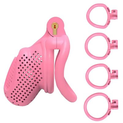 Gabbia per il pene rosa/Chastity Cage con 4 Moschettoni di Dimensioni Diverse e Fori di Ventilazione Multipli per il Bondage del Pene per Adulti Maschi Giocattoli del Sesso (Art Ring,A)