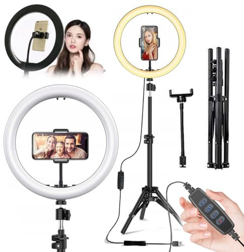 Luce ad anello a LED con treppiede, lampada ad anello da 30 cm, treppiede da 220 cm, telecomando, funzionamento USB, 3 modalità di luce, 10 livelli di luminosità, 80 W per trucco, streaming, selfie,