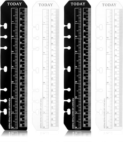 JIYIN 4 Stück A5 Lineal Lesezeichen, Seitenmarker Ruler PVC Notebook Binder Lineal für A5 Format 6-Loch Binder Notizbuch Tagebuch Organizer(Schwarz + Klar)