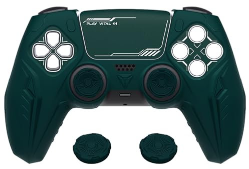 PlayVital Silikonhülle für ps5 Controller, Anti-Rutsch Schutzhülle case für ps5 Controller, Hülle Gehäuse zubehör Kompatibel mit ps5 offizieller Ladestation(CyberMech Edition,Grün)