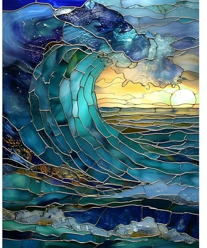 DAERLE Stained Glass Style Wave Paint by Numbers Kits for Adults Without Frame, Painting by Number Kits On Canvas Seascape, DIY Acrylic Pigment Oil Painting for Home Wall Decor 30x40cm