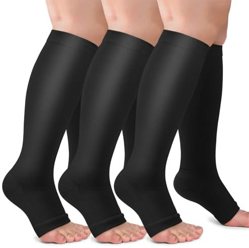 ACTINPUT 3 Paar Kompressionsstrümpfe Damen und Herren,Kompressionssocken Offene Spitze Abgestufte Unterstützung Stützstrümpfe kniestrümpfe für Flug,Laufen, Sport, Reise Sommer(Schwarz,S-M)