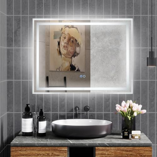 COSTWAY LED Badspiegel mit Beleuchtung, 80 x 60 cm Badezimmerspiegel Anti-Beschlag, Wandspiegel dimmbar mit Touch-Schalter & Memory-Funktion, LED-Spiegel Hängespiegel für Bad (Rechteckig)