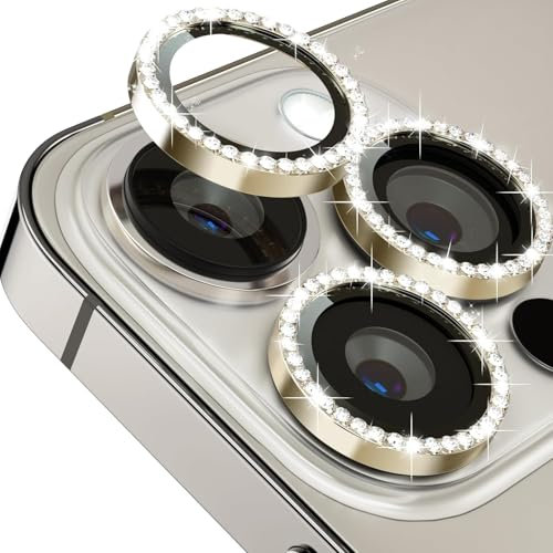 UICCVOKK Pellicola protettiva per fotocamera iPhone 16 Pro/16 Pro Max, per iPhone 16 Pro/16Promax, confezione da 3 pezzi (Crystal Boxed) con diamanti incrostati – oro/deserto, antigraffio e diamantato