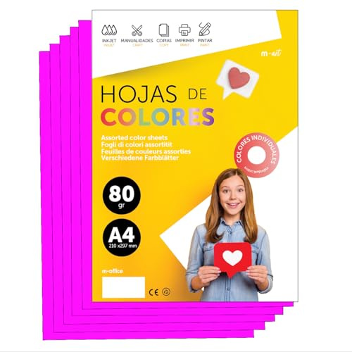 Papier A4 Couleur - Feuilles A4 80g Pour Imprimante Jet d'Encre et Laser, Ramette Papier Pour Loisirs Créatifs, Bricolage et Décoration M-office (50 feuilles, Rose Fluo)