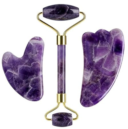 Lila Kristall Jade Gesichtsmaske Gua Sha Schaber Massagegerät Roller Set Natürlicher Amethyst Gouache Stein Körperpflege Schönheit