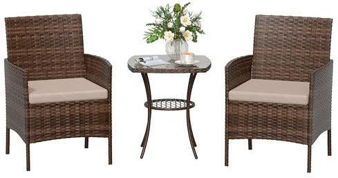 Amopatio 3 Pcs Rattan Garden Furniture Sets, Outdoor Bistro Set with Table and Chairs, Washable Cushions for Balcony, Patio, Backyard, Brown