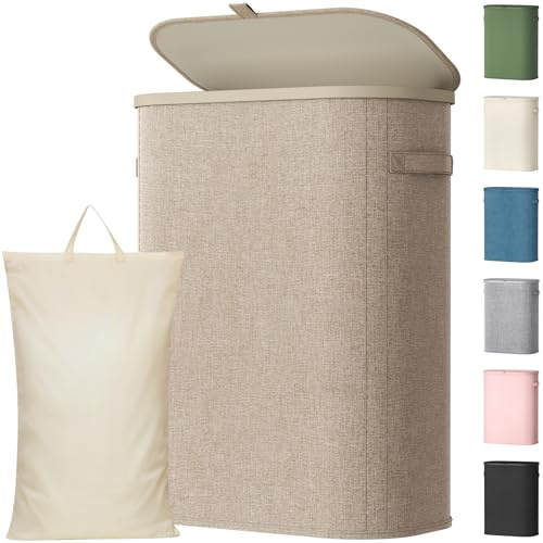 Lifewit 55L schmaler Wäschekorb mit Deckel, faltbarer Wäschesammler, Beige | Schlanke faltbare Wäschebox mit herausnehmbarem Wäschesack und Tragegriffen für kleine Bäder, Schlafzimmer und Waschküche