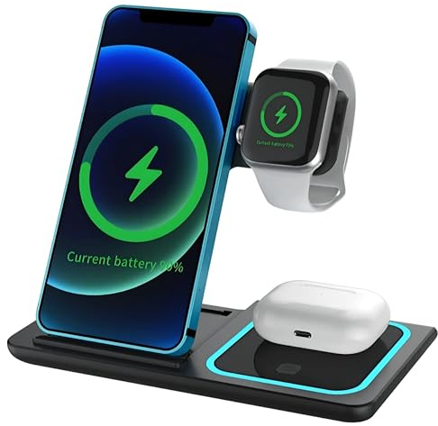 3-in-1 Wireless Charging Station for iPhone 16/15/14/13/12/11/X/XS/XR/8, Samsung S24/S23/S22/S21/S20, Note 20/10, Apple Watch SE/7/6/5/4/3, AirPods Pro/3/2 – 15W Fast Charger Dock(No plug).