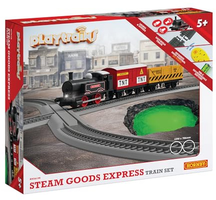 Hornby R9361M Playtrains Steam Goods Express Train – Trains jouets pour enfants à partir de 5 ans – Locomotive télécommandée rechargeable par USB avec 2 wagons, piste et contrôleur infrarouge