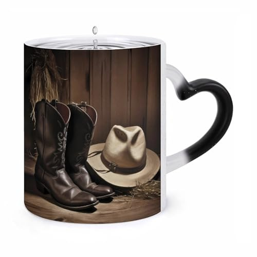 Tasse à café humoristique avec chapeau de cowboy noir et bottes western, 325 ml, avec anse en forme d'oreille, en céramique, personnalisée, idéale pour le thé chaud, idéale pour homme et femme.