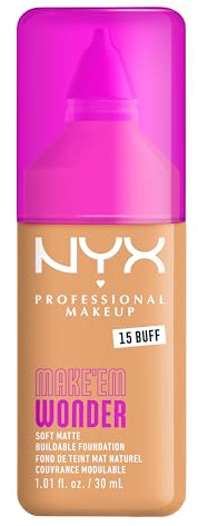 NYX Professional Makeup Make 'Em Wonder Foundation, 24H Soft Matte Aufbaubare Foundation, Mit hoher Deckkraft, Mattes Finish, 15 Buff