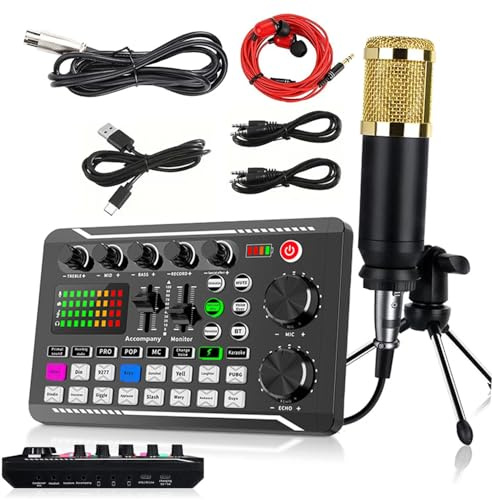 Podcast Bundle BM-800 - Micrófono condensador con kit de tarjeta de sonido en vivo F998, cambiador de voz y funciones de mezclador, para grabación de estudio de PC, radiodifusión