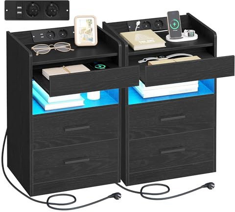 Hzuaneri Nachttisch 2er Set, Beistelltisch mit Tablett, Nachtschrank | mit Ladefunktion & LED-Beleuchtung, 2 Schubladen, Modern, für Schlafzimmer, Wohnzimmer 35 x 40 x 64 cm, Weiß NS33604XEU
