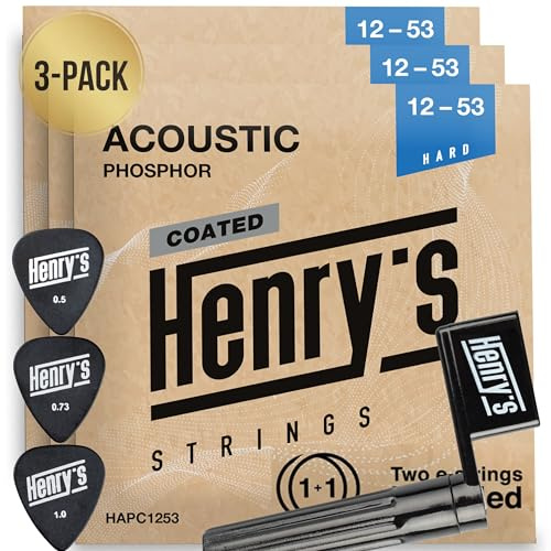 3-Pack PowerTone Westerngitarre Saiten Coated - Saitenkurbel & 3Plektren& 3 Extra E1-Saite - Brillante Klangqualität Gitarrensaiten Western - Acoustic Guitar String 12-53