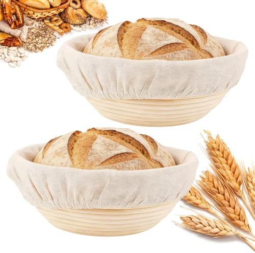 2-teiliger Gärkörbchen, rund 23 cm natürliches Rattan Brotbackkorb | 9 Zoll Sauerteig-Starter-Set mit Leinentuch, brotbackform (Pro) für selbstgebackenes brot und passionierte bäcker geschenk
