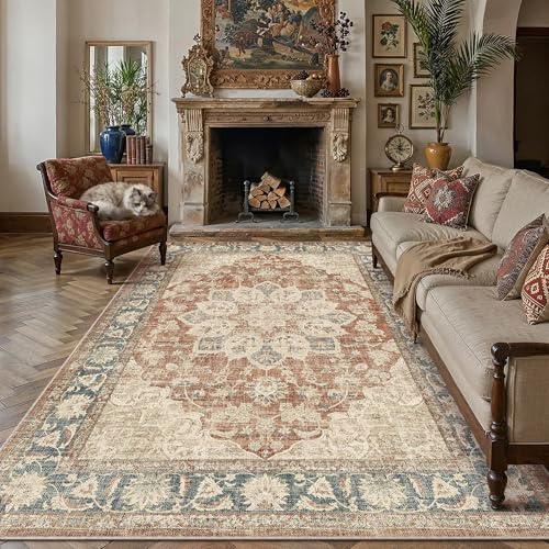 PureCozy Rot Blau Teppich Wohnzimmer 200x300cm Vintage Wohnzimmerteppich Waschbarer rutschfest Weich Groß Carpet Teppiche Schlafzimmer Esszimmer Büro Kurzflor Tepich Rug
