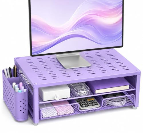 Monitor Stand Riser, Desk Monitor Stand with Drawer and 2 Pen Holder Office Accessories, 2-Tier Metal Computer Stands Organiser, for Laptop, Printer, Computer (Purple)