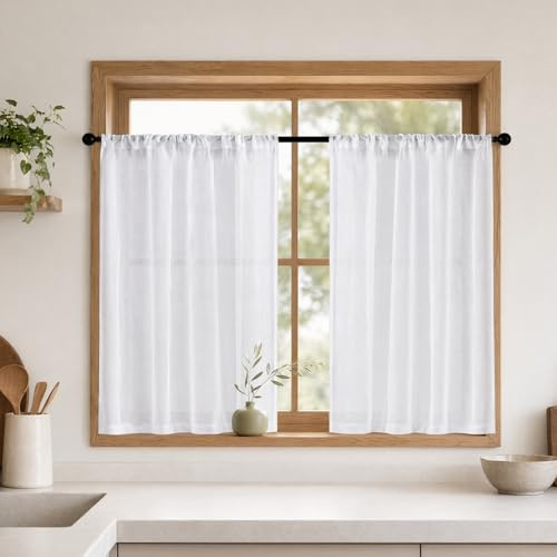 Scheibengardinen Bistrogardine - 2er Set 60x90cm Küchengardinen Weiß Halbtransparente Küchengardine Kurz Vorhang Modern Scheibengardine für Wohnwagen Landhausstil Bauernhaus Gardinen Lichtdurchlässig