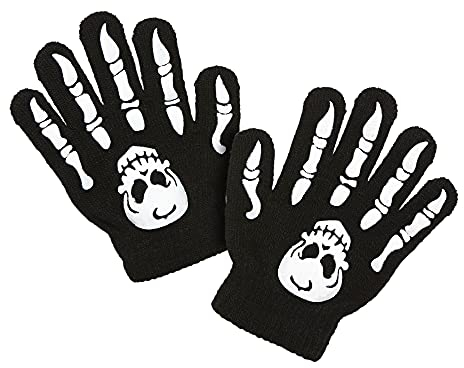 W WIDMANN MILANO Party Fashion 02421 - Handschuhe Skelett mit Totenkopf, Kindergröße, schwarz, Halloween, Karneval, Mottoparty