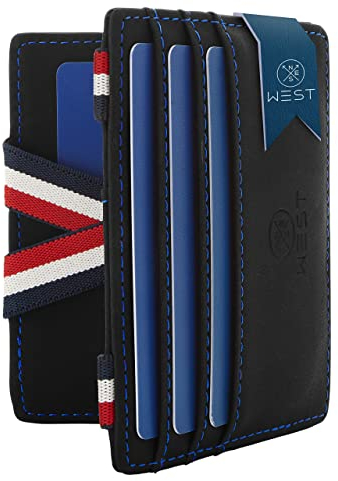 WEST® - Magic Wallet mit Münzfach + Geschenkverpackung - magische Geldbörse kompakt & klein - Trick Geldbörse - extra Starke Geldbänder - dünne Geldbörse mit Münzfach - RFID Schutz (Navy)