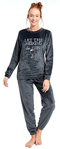 Slumber Hut® Damen-Pyjama Prosecco aus Fleece, Schwarz, Größe 36-50 Gr. L 44-46, Grey 'Let The Weekend Be Gin'