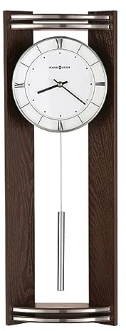 Howard Miller Deco Wanduhr 625-695 - Schwarz Coffee Finish, abgewinkelte Seitenwände, Glaskristall, silberfarbenes zylindrisches Pendel Bob, Quarzwerk