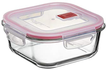 Tatay Fiambrebra de Alimentos, Vidrio, Hermética, 0.8L de Capacidad, Tapa de Clip, Libre de BPA, Apto Microondas, Horno, Congelador y Lavavajillas, Color Rojo. Medidas 16.4 x 16.4 x 6.9 cm