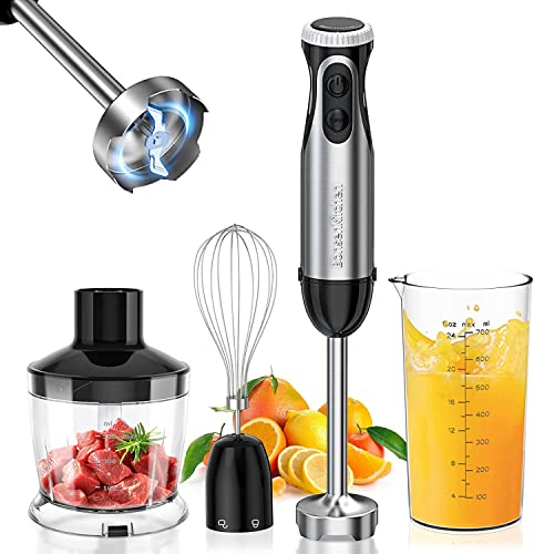Bonsenkitchen Mixeur Plongeant, 4 en 1 Mixeur à Main Multifonction avec 9 Vitesses de Réglables, hachoir de 500ml, récipient doseur de 700ml, fouet, robot de cuisine sans BPA