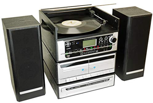 Steepletone Capitol Music Stack System, CD Burner. CD RECORDING 6-in-1 Modular Music System. Vinyl Record Turntable, Twin CD, Twin Cassette. MP3, USB, FM Radio, AUX, Remote. Amp/Speakers. Black/Silver