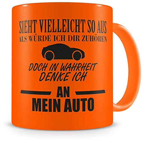 Samunshi® Auto Tasse mit Spruch Geschenk für Mann Frau Oma oder Opa Kaffeetasse groß Lustige Tassen zum Geburtstag neon orange 300ml