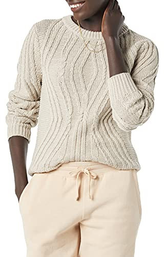 Amazon Essentials Women's 100% Cotton Crewneck Cable Jumper, Beige, M