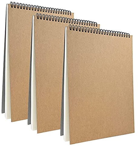 3 Stück A4 Zeichenheft, Skizzenbuch, Zeichenheft mit Hardcover und Spiralbindung, 90 Seiten, geeignet zum Zeichnen, Skizzen, Bleistift, Stift, Aquarellkunst (Braun)